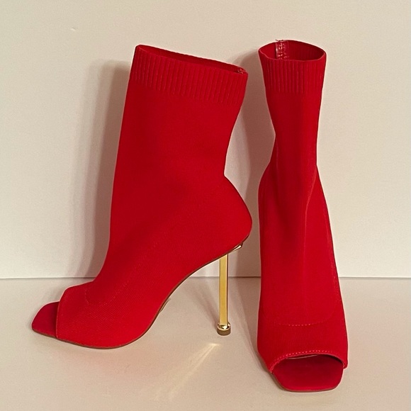 Golden Heel Open Toe Ankle Boots, Red - Picture 9 of 10